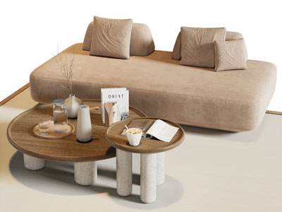 侘寂风布艺多人沙发 茶几组合