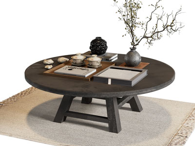 侘寂风圆形实木茶几 茶具杯子