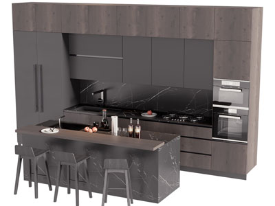 现代整体橱柜 厨房中岛吧台吧椅