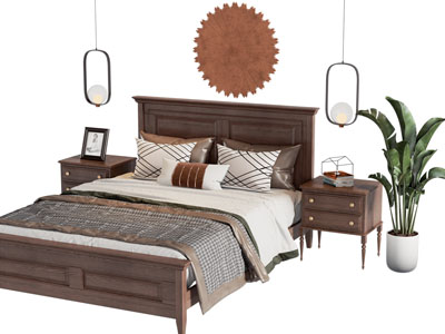 中古风实木双人床 床头柜