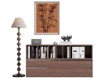 现代中古风玄关柜 边柜 落地灯