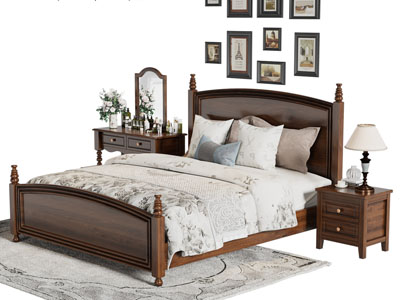 美式实木双人床  床头柜 梳妆台