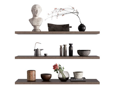 现代隔板上的雕塑 陶罐 花瓶摆件组合