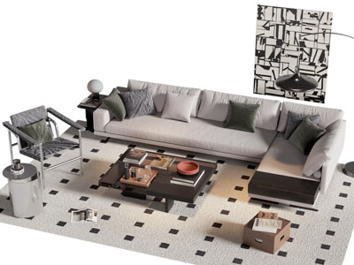 现代转角多人沙发 休闲椅子和茶几组合 挂画
