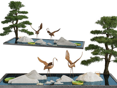 新中式花池 假山 仙鹤 松树景观园艺小品