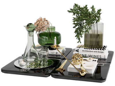 现代轻奢托盘 花瓶花卉 书本摆件组合