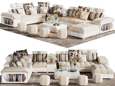 现代奶油风转角多人沙发 茶几组合