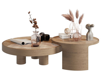 侘寂风实木圆形茶几边几 摆件组合3d模型 侘寂风实木圆形茶几边几 摆件组合