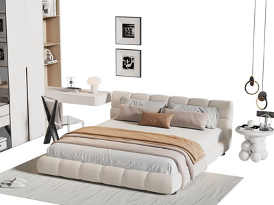 现代布艺双人床 衣柜