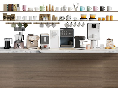 现代茶水间吧台 咖啡机 茶具杯子