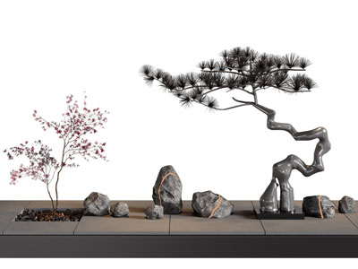 新中式松树 石头雕塑雕刻3d模型 新中式松树 石头雕塑雕刻