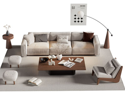 侘寂风多人沙发 休闲椅子和茶几组合