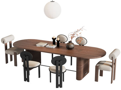 侘寂风实木椭圆形餐桌椅组合