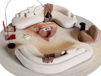 现代奶油风弧形多人沙发 茶几组合