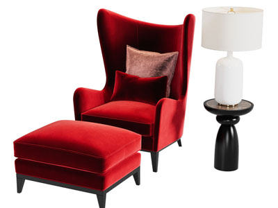现代红色单人沙发 脚踏 边几