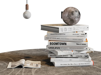 现代摞在一起的书本 月球灯摆件组合