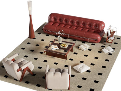 现代红色皮质多人沙发 单人沙发和茶几组合