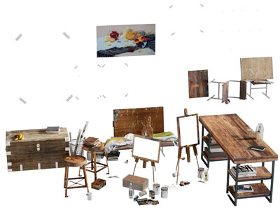工业风loft书桌 画架 颜料3d模型 工业风loft书桌 画架 颜料