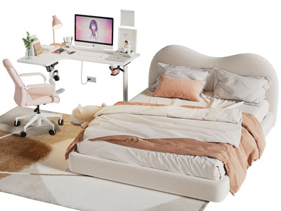 现代布艺双人床 书桌椅组合