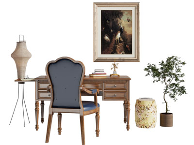 美式实木书桌椅组合 装饰挂画3d模型 美式实木书桌椅组合 装饰挂画