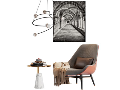 现代单人沙发 装饰挂画 边几