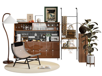 现代中古风餐边柜 休闲椅子和落地灯