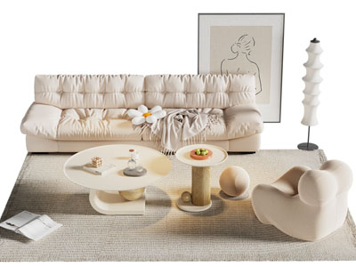 现代奶油风多人沙发 懒人沙发和茶几组合