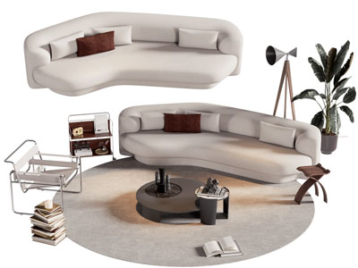 现代奶油风弧形多人沙发 休闲椅子和茶几组合