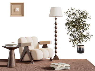 现代休闲单人沙发 边几 落地灯