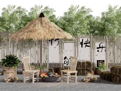 现代围炉煮茶美陈 茅草棚子 休闲椅子