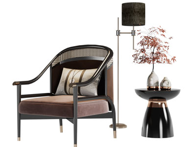 新中式单人沙发 边几 落地灯