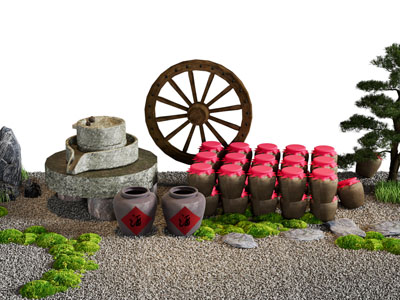 新中式酒坛 轮子 石磨景观园艺小品