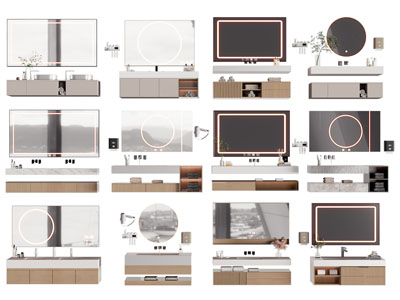 现代悬挂式洗手台 镜子 浴室柜