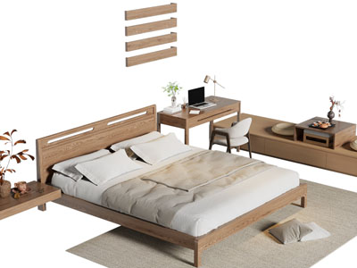 日式实木双人床 书桌椅组合