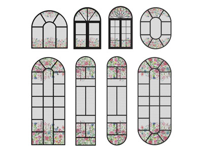 法式装饰花卉的拱形 弧形玻璃窗户