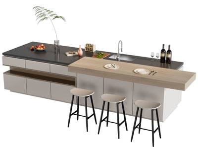现代厨房中岛台 吧台吧凳