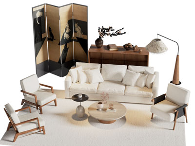 侘寂中古风多人沙发 玄关柜和茶几组合