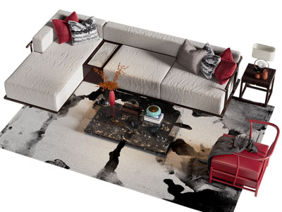 新中式转角多人 单人沙发和茶几组合