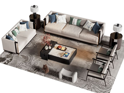新中式多人 双人沙发 休闲椅子和茶几组合