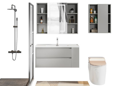 现代洗手台 镜柜 马桶 淋浴花洒