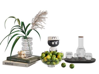 现代书本 花瓶花卉 茶具杯子摆件组合