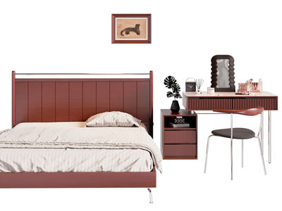 现代中古风双人床 梳妆台