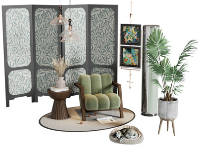 侘寂风中古屏风 休闲椅和边几