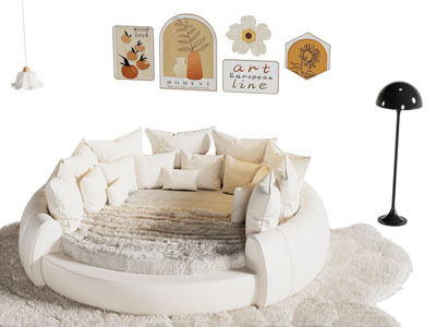 现代奶油风圆床 装饰挂画