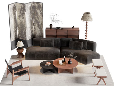 侘寂中古风弧形多人沙发 休闲椅子和茶几组合