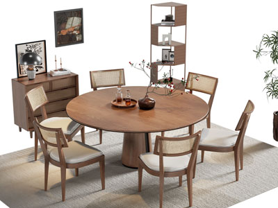 现代中古风圆形餐桌椅组合 玄关柜 边柜