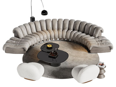 侘寂风弧形多人沙发 单人沙发和茶几组合