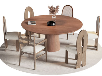 侘寂风圆形实木餐桌椅组合