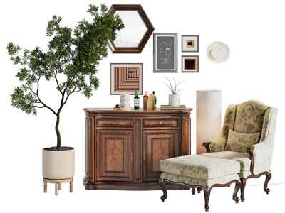 中古风玄关柜 单人沙发 脚踏