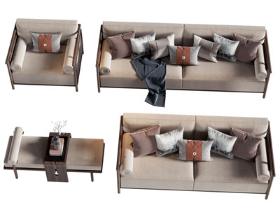 新中式双人 单人沙发 沙发凳组合